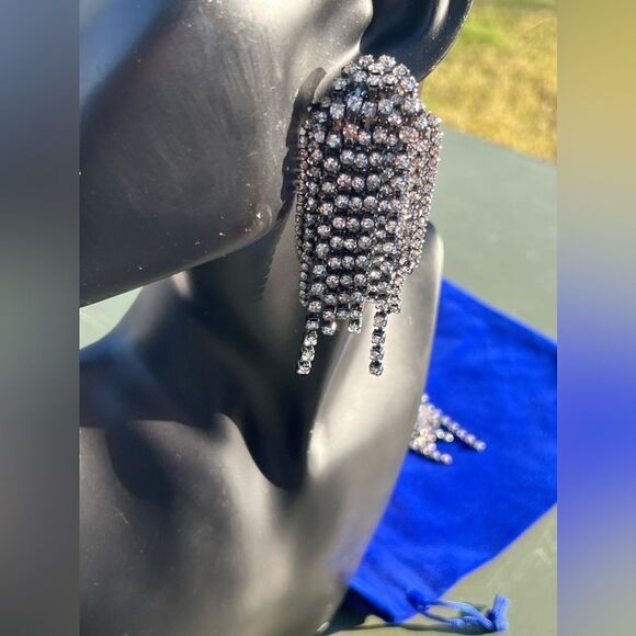 Silver Rhinestone Tassel Fringe Statement Earrings - Picture 11 of 12